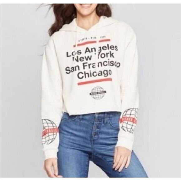 Mighty Fine Tops - Mighty Fine Wander Eternal cropped raw hem sweatshirt city name graphic hoodie s